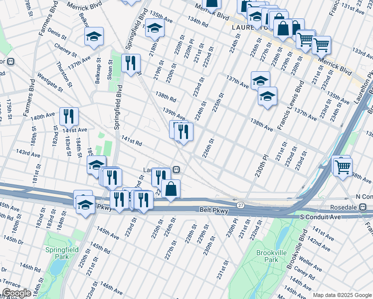 map of restaurants, bars, coffee shops, grocery stores, and more near 22407 141st Avenue in Queens