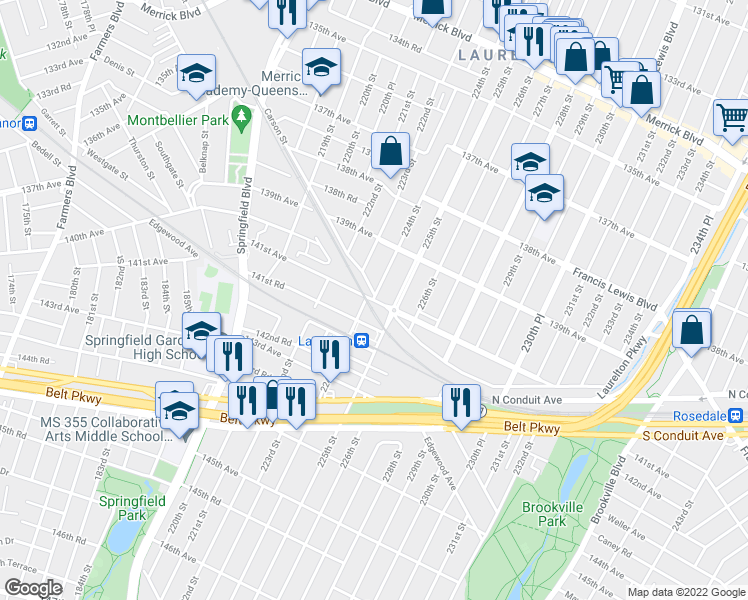 map of restaurants, bars, coffee shops, grocery stores, and more near 22407 141st Avenue in Queens