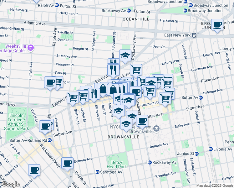 map of restaurants, bars, coffee shops, grocery stores, and more near 1613 Pitkin Avenue in Brooklyn