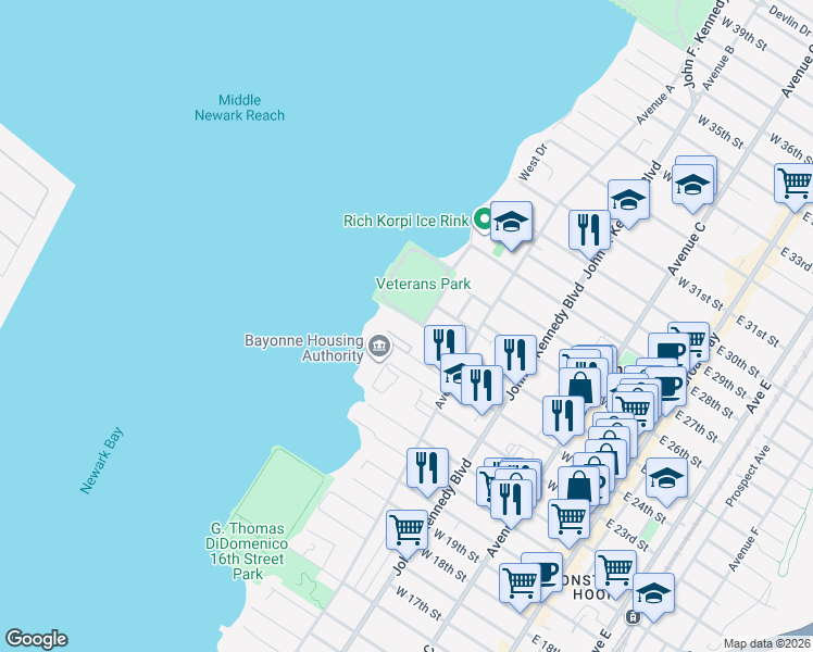 map of restaurants, bars, coffee shops, grocery stores, and more near 194 West 25th Street in Bayonne