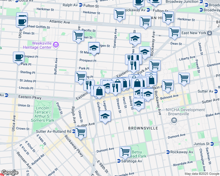 map of restaurants, bars, coffee shops, grocery stores, and more near 1816 Saint Johns Place in Brooklyn