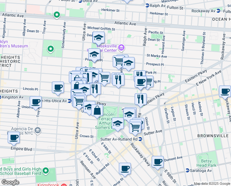 map of restaurants, bars, coffee shops, grocery stores, and more near 1527 Lincoln Place in Brooklyn