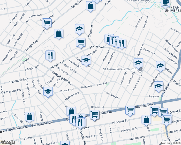map of restaurants, bars, coffee shops, grocery stores, and more near 988 Harding Road in Elizabeth