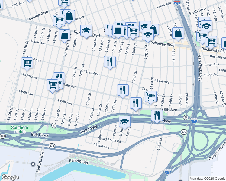 map of restaurants, bars, coffee shops, grocery stores, and more near 133-45 126th Street in Queens