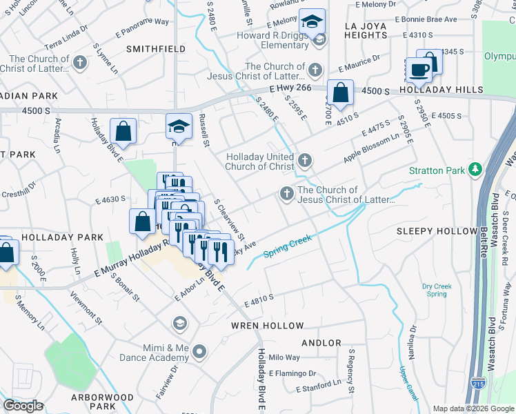 map of restaurants, bars, coffee shops, grocery stores, and more near 2524 East Murray Holladay Road in Holladay