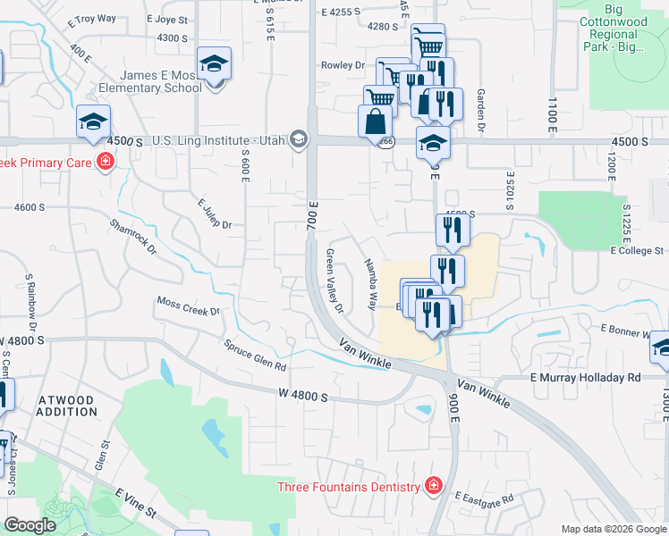 map of restaurants, bars, coffee shops, grocery stores, and more near 4638 South Tina Way in Murray