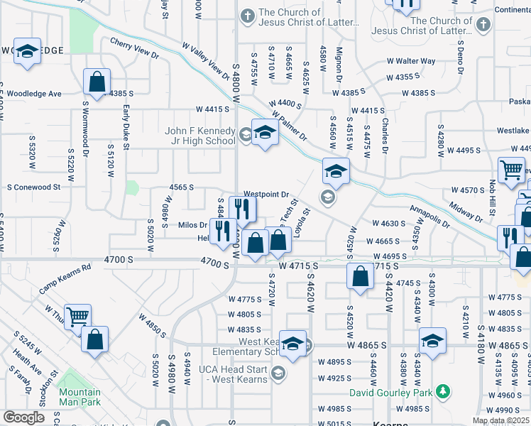 map of restaurants, bars, coffee shops, grocery stores, and more near 4621 West Arlington Park Drive in West Valley City