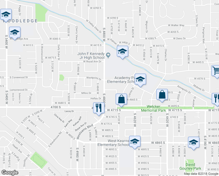 map of restaurants, bars, coffee shops, grocery stores, and more near 4773 West Arlington Park Drive in West Valley City
