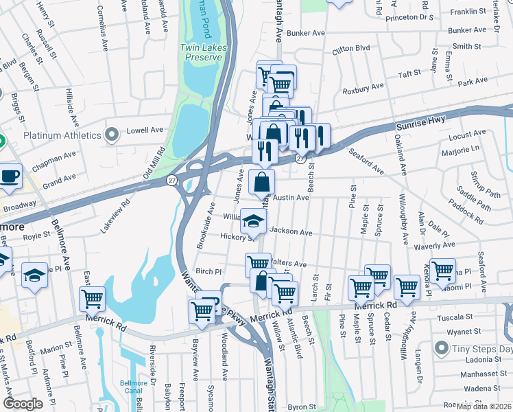 map of restaurants, bars, coffee shops, grocery stores, and more near 2091 Wantagh Avenue in Wantagh