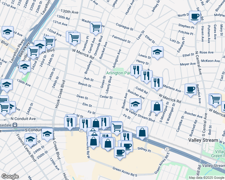 map of restaurants, bars, coffee shops, grocery stores, and more near 6 Orchard Place in Valley Stream