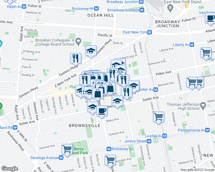 map of restaurants, bars, coffee shops, grocery stores, and more near 1722 Pitkin Avenue in Brooklyn