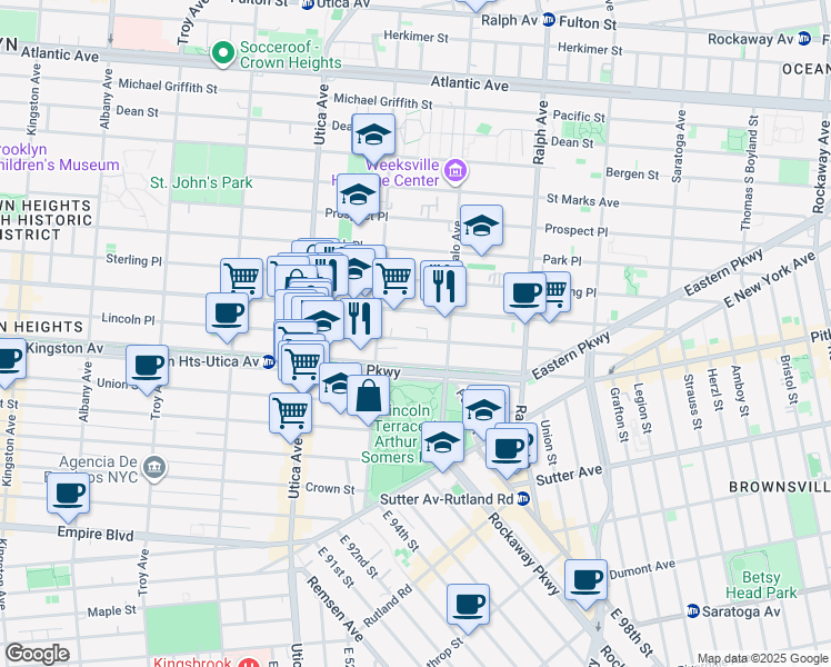 map of restaurants, bars, coffee shops, grocery stores, and more near 1482 Lincoln Place in Brooklyn