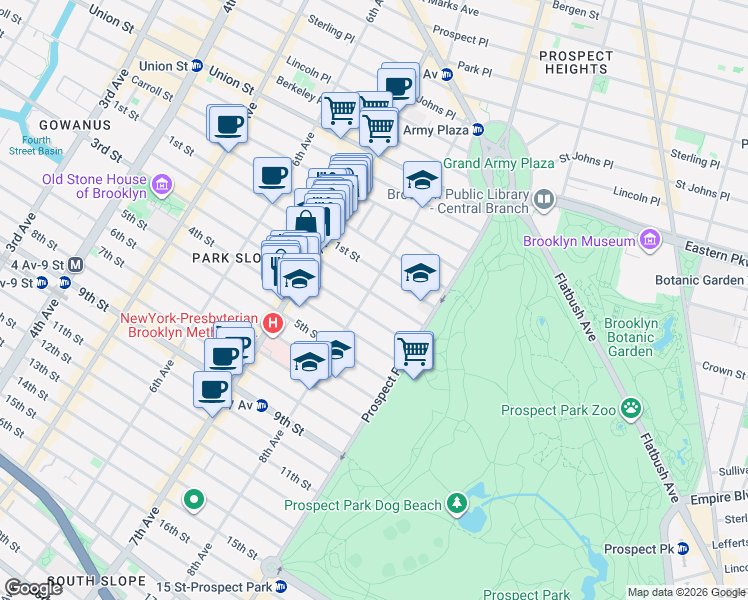 map of restaurants, bars, coffee shops, grocery stores, and more near 582 8th Street in Brooklyn