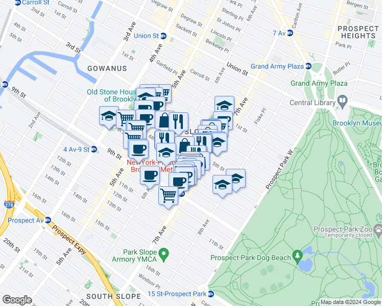 map of restaurants, bars, coffee shops, grocery stores, and more near 425 6th Street in Brooklyn