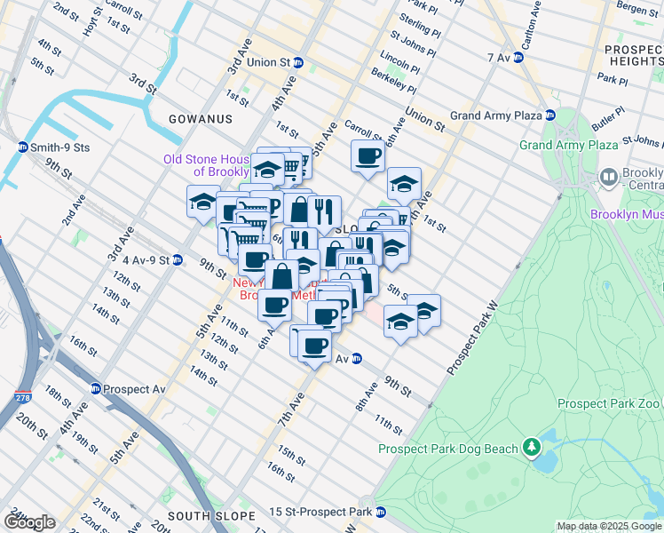 map of restaurants, bars, coffee shops, grocery stores, and more near 425 6th Street in Brooklyn