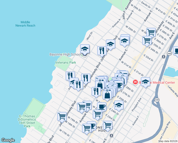 map of restaurants, bars, coffee shops, grocery stores, and more near 122 West 27th Street in Bayonne