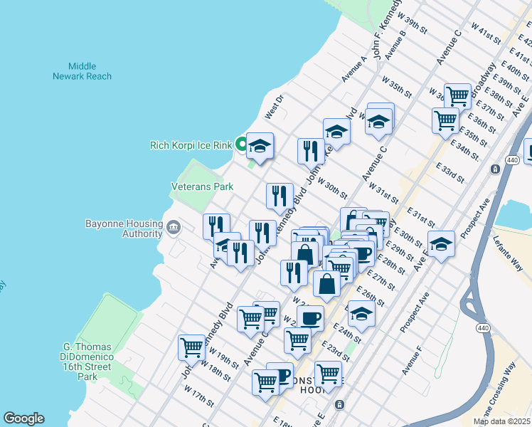 map of restaurants, bars, coffee shops, grocery stores, and more near 122 West 27th Street in Bayonne