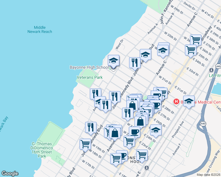 map of restaurants, bars, coffee shops, grocery stores, and more near 610 Avenue A in Bayonne