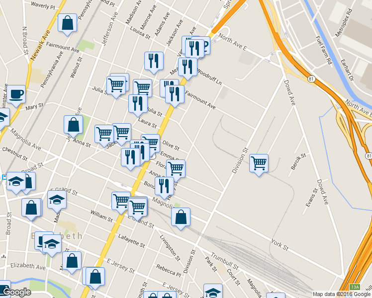 map of restaurants, bars, coffee shops, grocery stores, and more near 501-511 Henry Street in Elizabeth