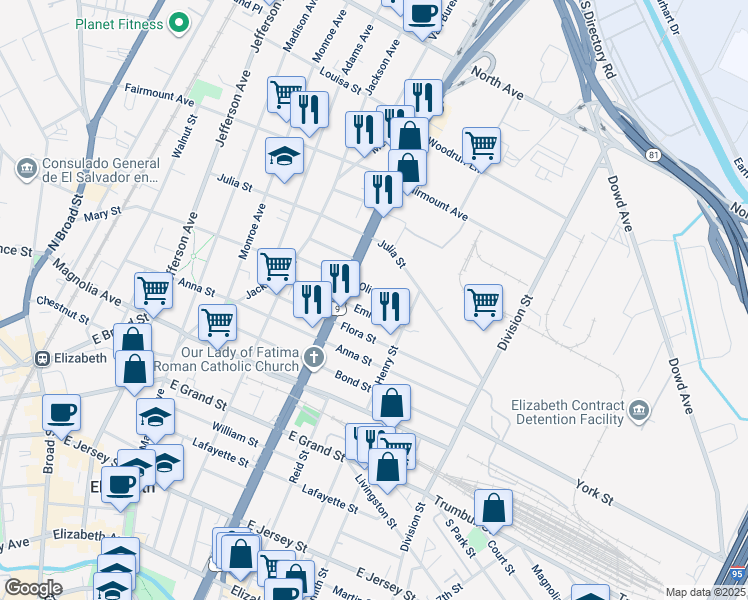 map of restaurants, bars, coffee shops, grocery stores, and more near 922-924 Olive Street in Elizabeth