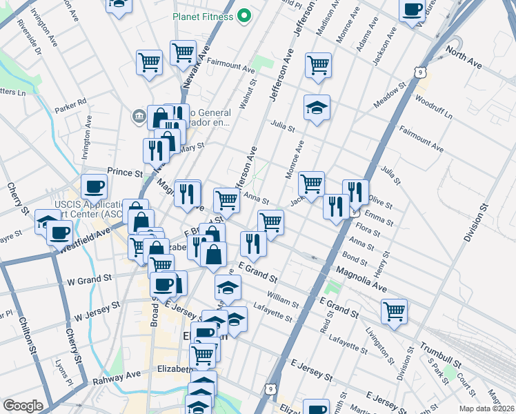 map of restaurants, bars, coffee shops, grocery stores, and more near in Elizabeth