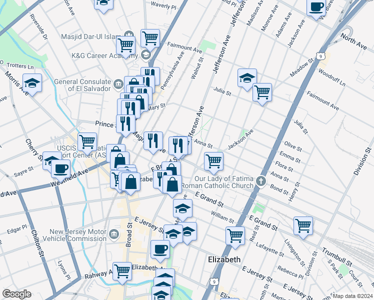 map of restaurants, bars, coffee shops, grocery stores, and more near 415 Jefferson Avenue in Elizabeth