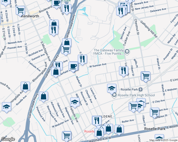 map of restaurants, bars, coffee shops, grocery stores, and more near 14B West Roselle Avenue in Roselle Park