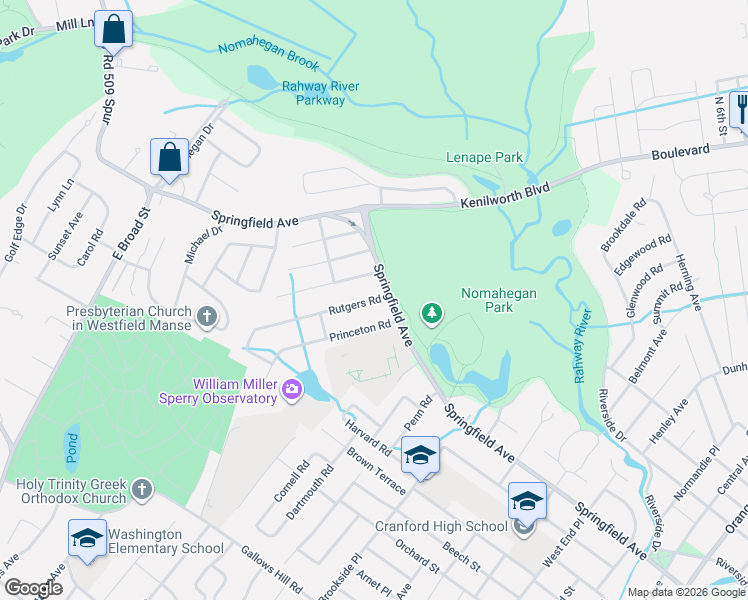 map of restaurants, bars, coffee shops, grocery stores, and more near 7 Rutgers Road in Cranford