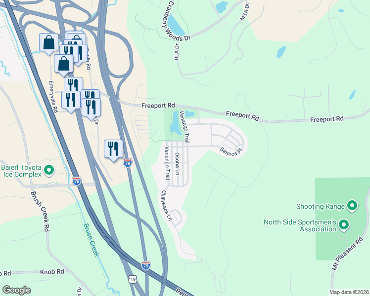 map of restaurants, bars, coffee shops, grocery stores, and more near 307 Osona Lane in Mars