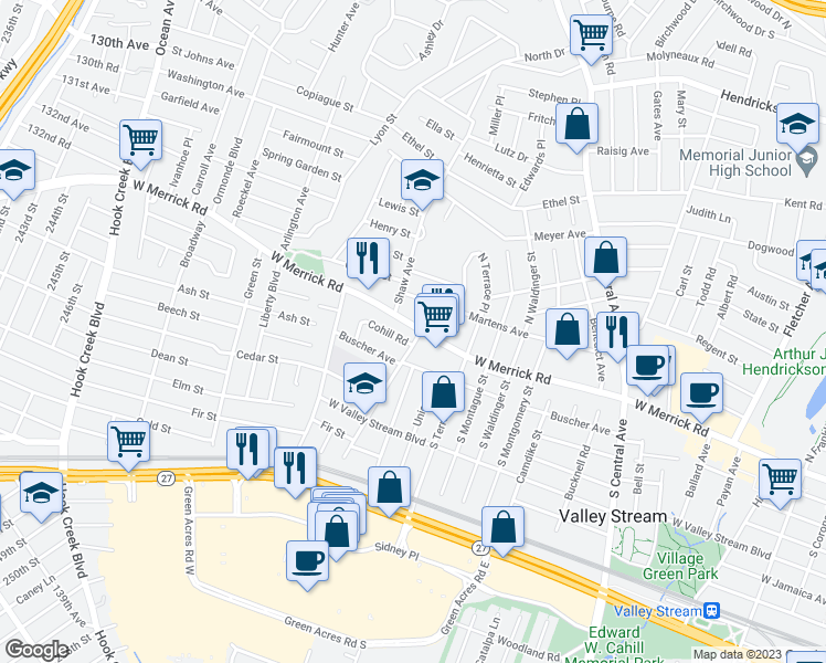 map of restaurants, bars, coffee shops, grocery stores, and more near 514W West Merrick Road in Valley Stream