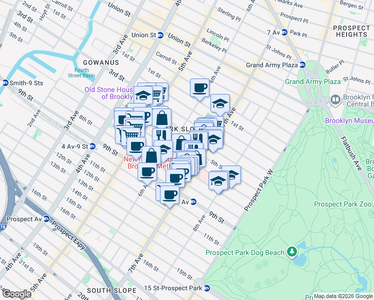 map of restaurants, bars, coffee shops, grocery stores, and more near 425 6th Street in Brooklyn