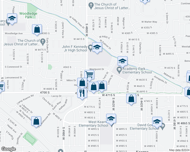 map of restaurants, bars, coffee shops, grocery stores, and more near 4742 West Arlington Park Drive in West Valley City