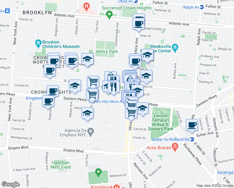map of restaurants, bars, coffee shops, grocery stores, and more near 1310 Lincoln Place in Brooklyn