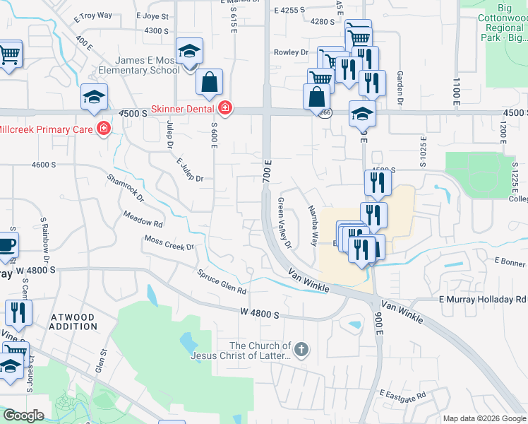 map of restaurants, bars, coffee shops, grocery stores, and more near 4646 South Green Valley Drive in Murray