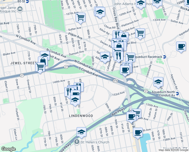 map of restaurants, bars, coffee shops, grocery stores, and more near 87-10 149th Avenue in Queens