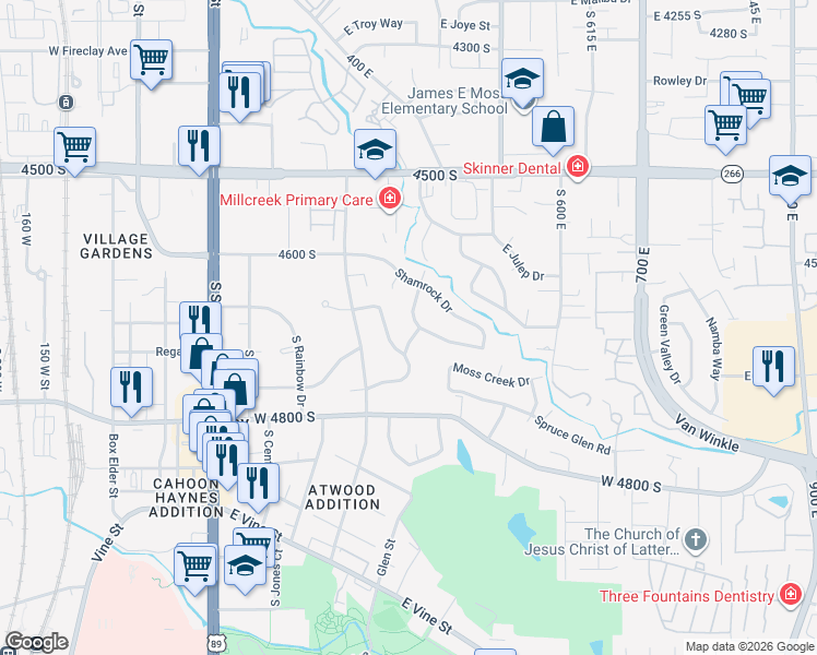 map of restaurants, bars, coffee shops, grocery stores, and more near 4680 East Meadow Road in Murray