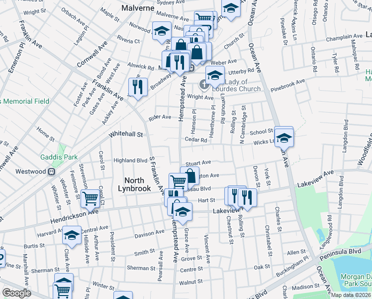 map of restaurants, bars, coffee shops, grocery stores, and more near 11 Kevin Court in Malverne