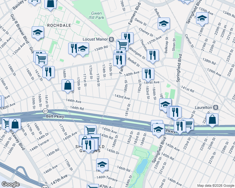 map of restaurants, bars, coffee shops, grocery stores, and more near 179-06 143rd Avenue in Queens