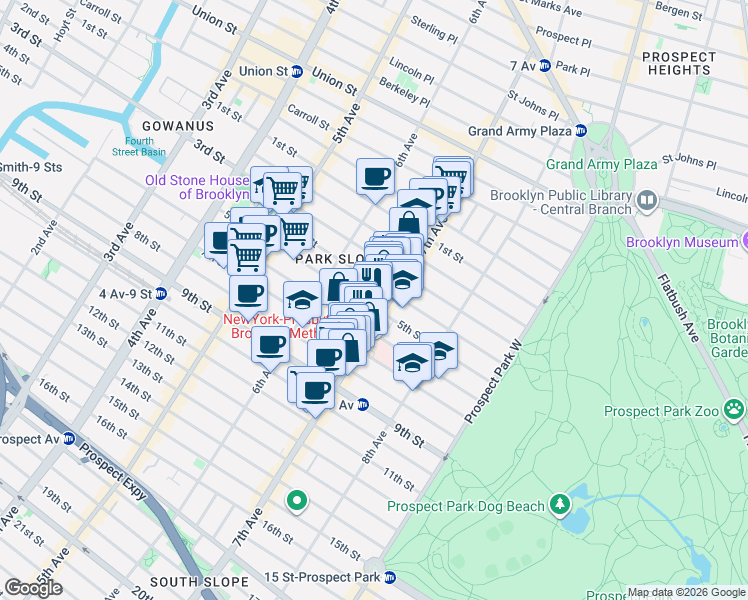 map of restaurants, bars, coffee shops, grocery stores, and more near 474 5th Street in Brooklyn