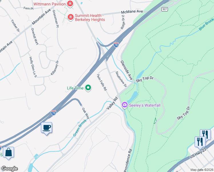 map of restaurants, bars, coffee shops, grocery stores, and more near 94 Twin Falls Road in Berkeley Heights