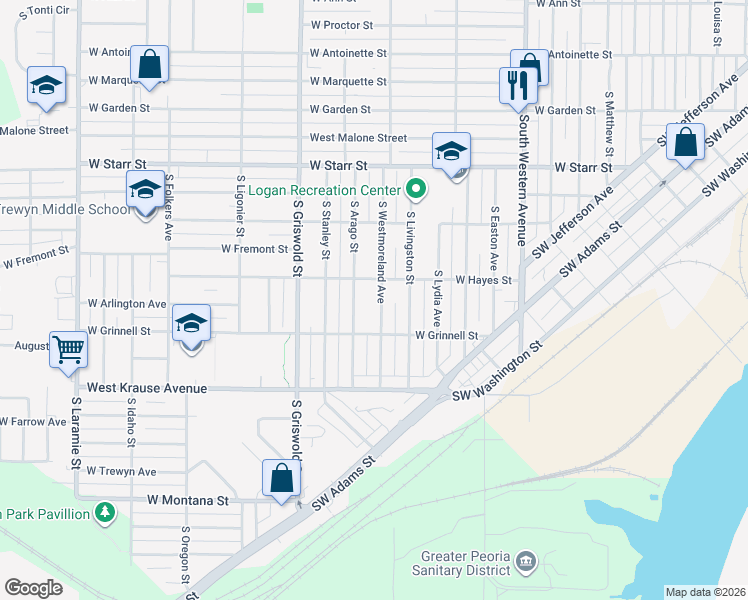map of restaurants, bars, coffee shops, grocery stores, and more near 1703 South Westmoreland Avenue in Peoria