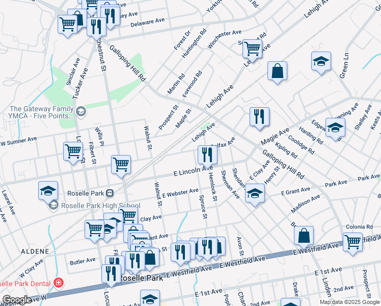 map of restaurants, bars, coffee shops, grocery stores, and more near 150 East Colfax Avenue in Roselle Park