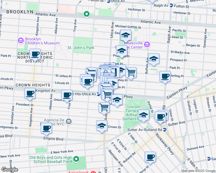 map of restaurants, bars, coffee shops, grocery stores, and more near Utica Avenue & Lincoln Place in Brooklyn