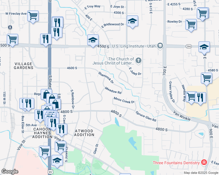 map of restaurants, bars, coffee shops, grocery stores, and more near 389 East Meadow Road in Murray