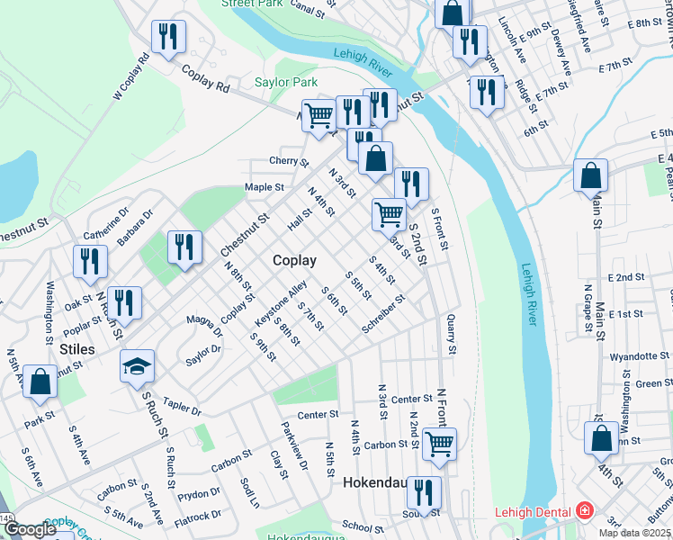 map of restaurants, bars, coffee shops, grocery stores, and more near 40 S 5th St in Coplay