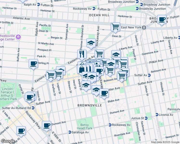 map of restaurants, bars, coffee shops, grocery stores, and more near 1645 Pitkin Avenue in Brooklyn