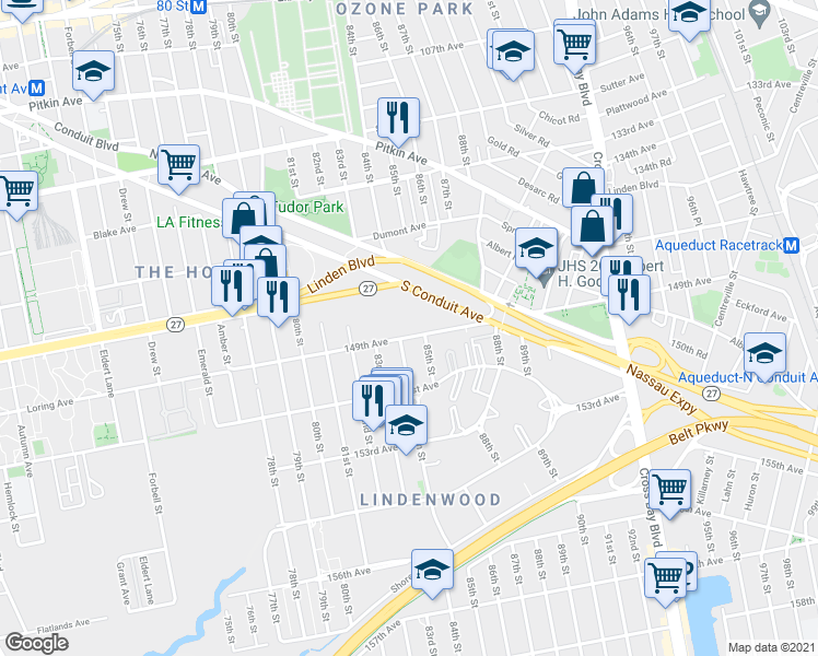 map of restaurants, bars, coffee shops, grocery stores, and more near 84-09 149th Avenue in Queens