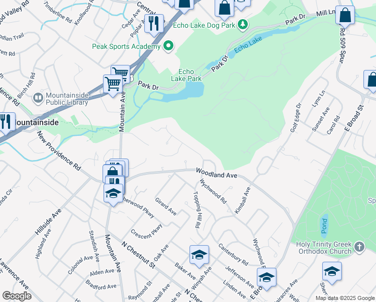 map of restaurants, bars, coffee shops, grocery stores, and more near 1051 Wychwood Road in Westfield