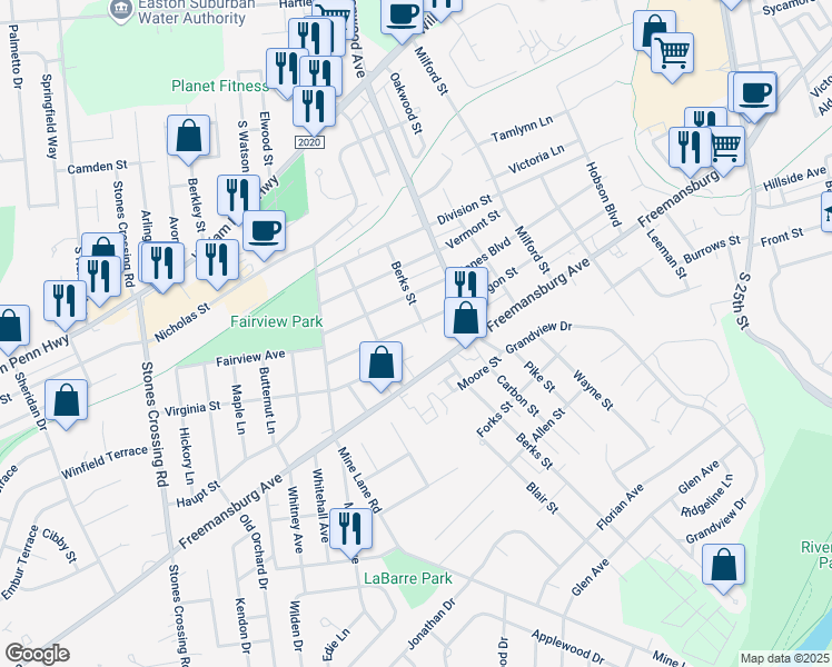 map of restaurants, bars, coffee shops, grocery stores, and more near 3312 Oregon Street in Easton