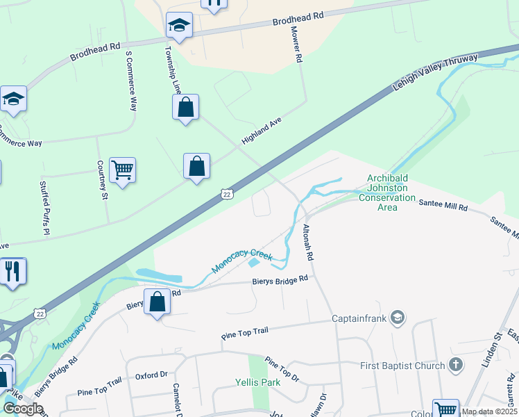 map of restaurants, bars, coffee shops, grocery stores, and more near 3666 Cottage Drive in Bethlehem